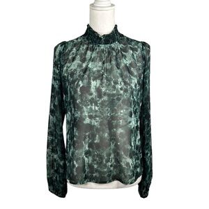 Allison Joy Green & Black Sheer Smock Neck Long Sleeve Top Size XS